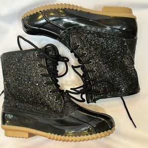 Sugar Skylar 2 Black Glitter Duck Boots-Size 6  NWOB